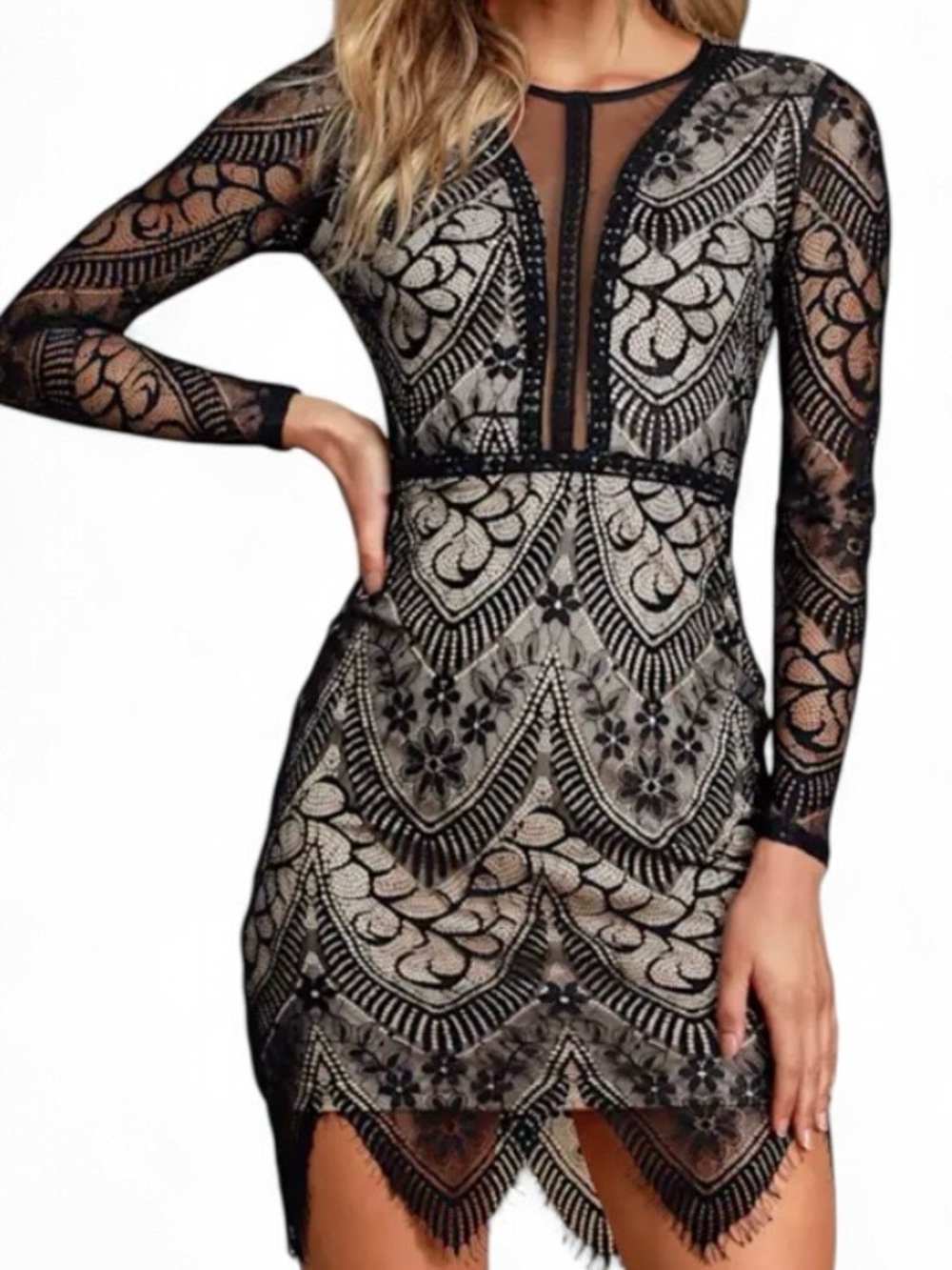 Lulus Exclusive Totally Adored Black Lace Long Sleeve Nude Knit Bodycon Dress S